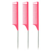 A set of three bright pink professional pointed tail hair combs and styling brushes.