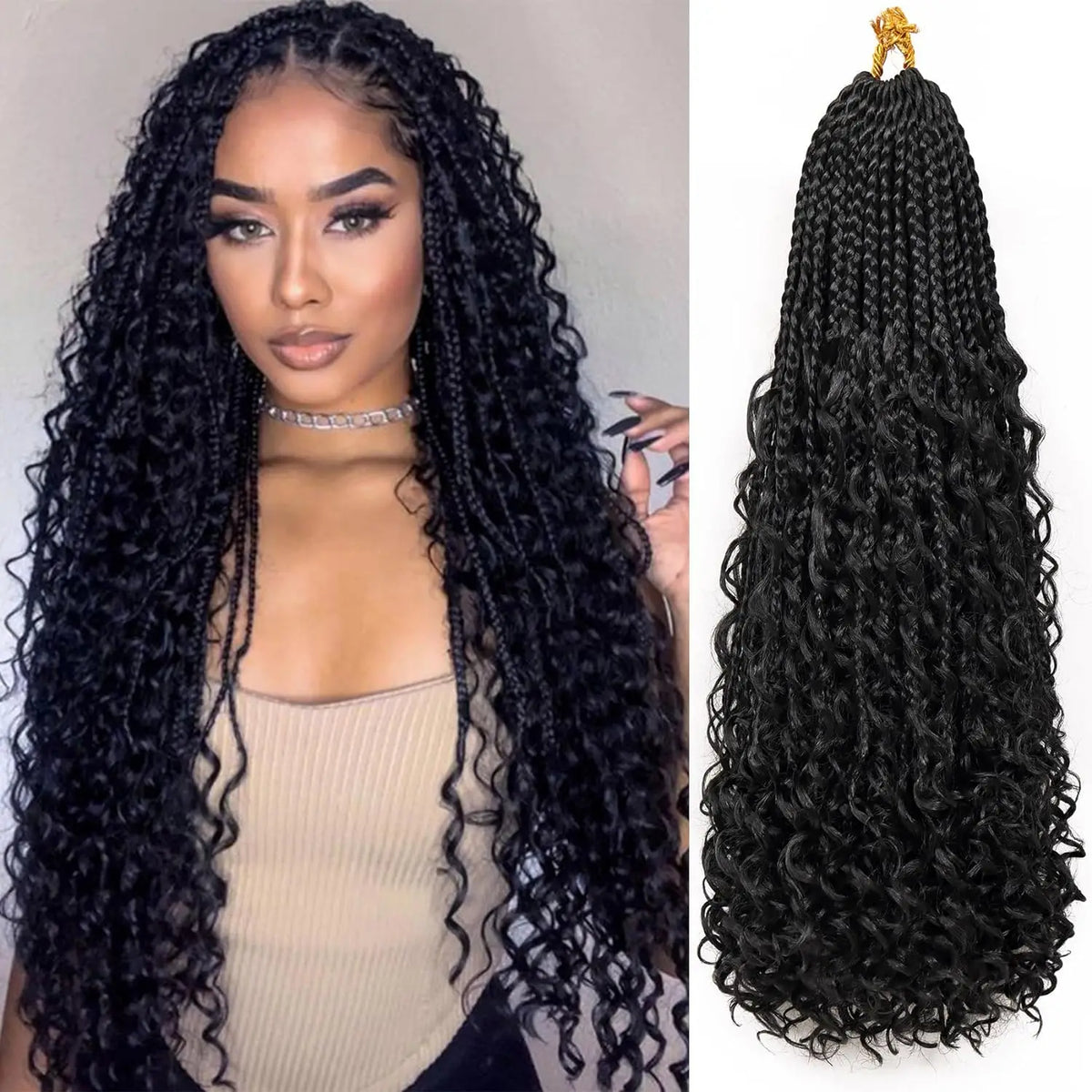 Nahaufnahme einer Frau, die lange schwarze Crochet-Box-Strähnen für lockiges Haar modelliert