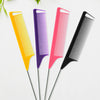 A set of five brightly colored professional pointed tail hair combs and styling brushes arranged diagonally on a white backgr