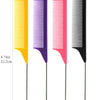 A set of three professional pointed tail hair combs and styling brushes in yellow, purple, and black.