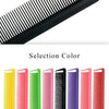 A black pointed tail hair comb is shown next to a selection of colorful combs.