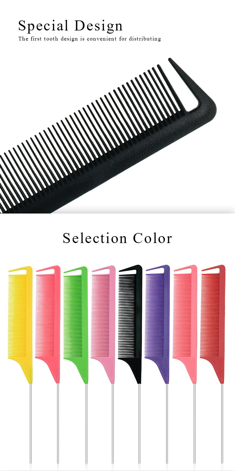 A black pointed tail hair comb is shown next to a selection of colorful combs.