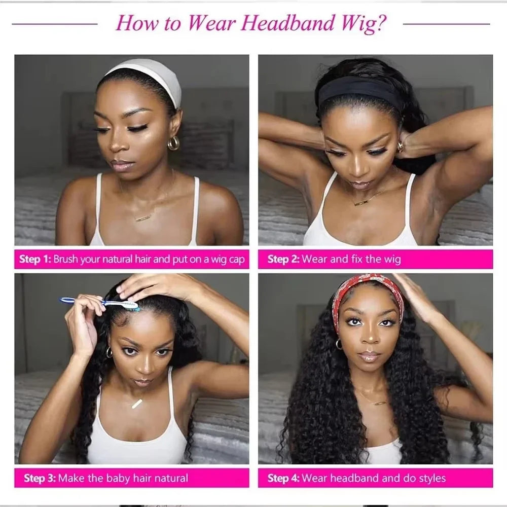 Instructions showing how to wear a 200% Density Brazilian Hair Deep Wave Headband Wig