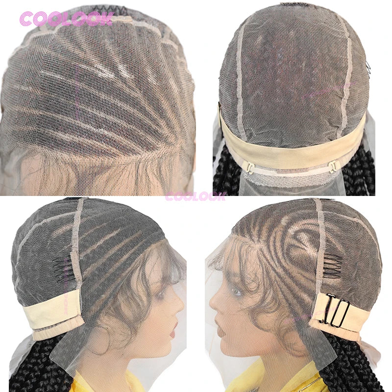 A close-up of a 36 inch synthetic heart cornrow braids wig showing the braided pattern on the scalp and finished style.