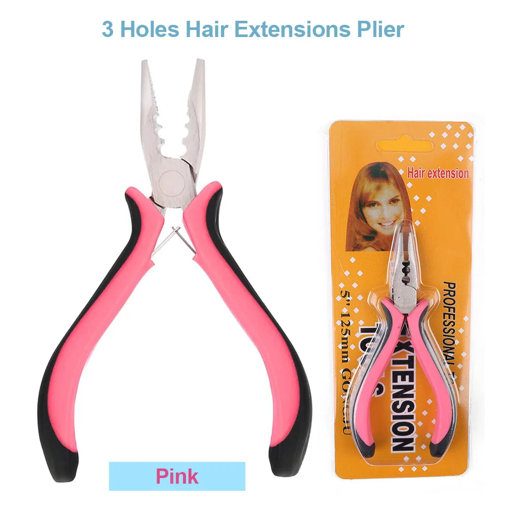 Extensiones de cabello rosadas con 3 agujeros y pinzas de color negro junto a una tarjeta de empaque