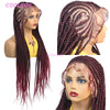 A model displays a 36 inch synthetic heart cornrow braids wig in a deep burgundy color.