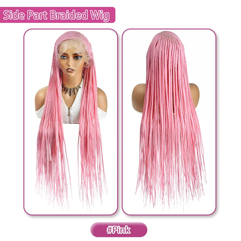 Peluca trenzada con raya lateral rosa mostrada en dos vistas, resaltando la textura de cabello largo y liso.