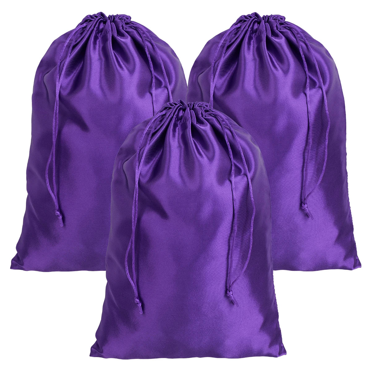 A set of three purple satin drawstring storage pouches.