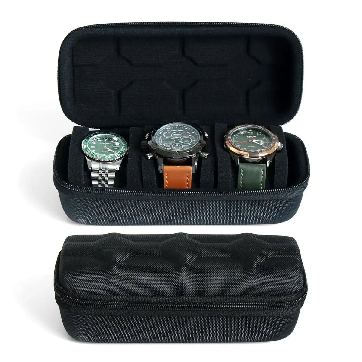Black leather watch travel case organizer with an open lid displaying three watches.