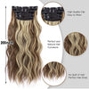 A long, wavy brown and blonde ombre hair extension displayed with clips, showing perfect curl and ends.