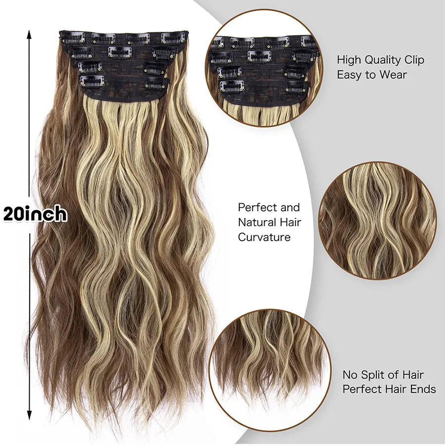 A long, wavy brown and blonde ombre hair extension displayed with clips, showing perfect curl and ends.
