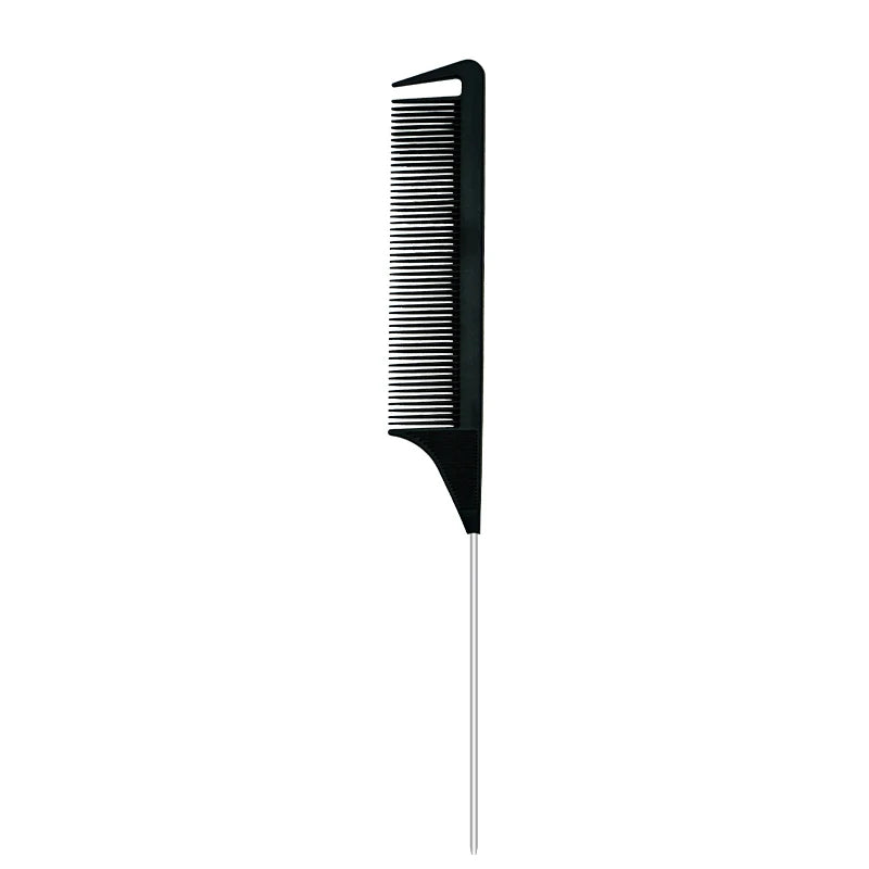 A black professional pointed tail hair comb and styling brush set.
