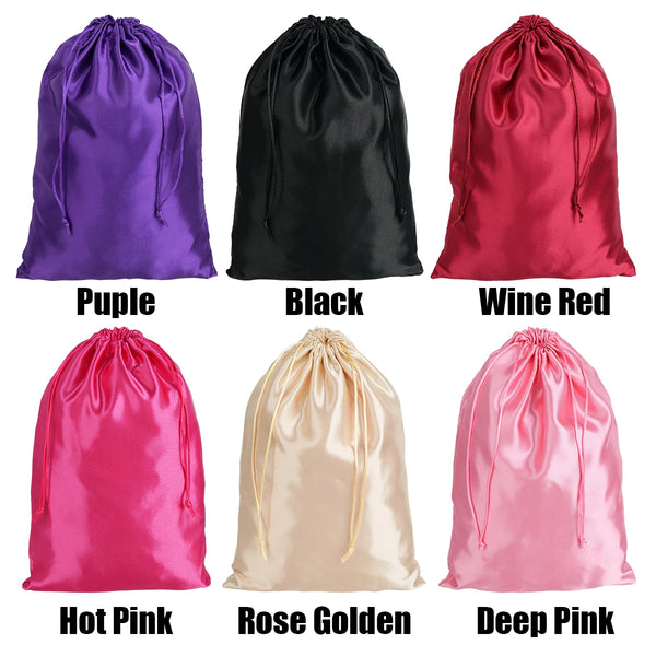 A set of five satin drawstring storage pouches in purple, black, wine red, hot pink, rose gold, and deep pink.
