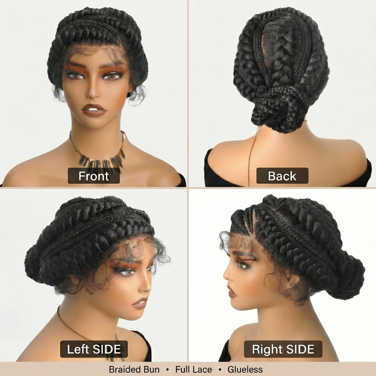 A black braided bun wig shown from the front, back, left side, and right side views.