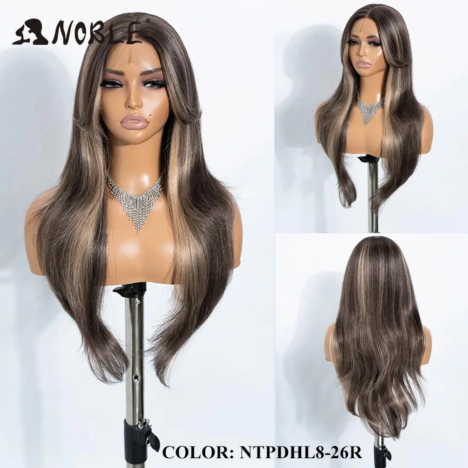 A long, straight ombre lace front wig in a smoky brown color displayed on a mannequin.