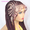 A woman modeling a 36 inch synthetic heart cornrow braids wig with dark purple and pink highlights.