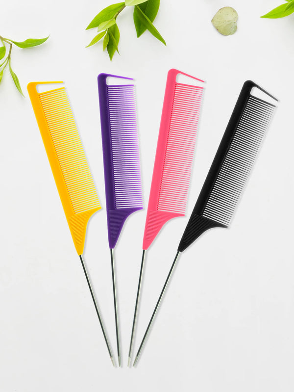 A set of five brightly colored professional pointed tail hair combs and styling brushes arranged diagonally on a white backgr