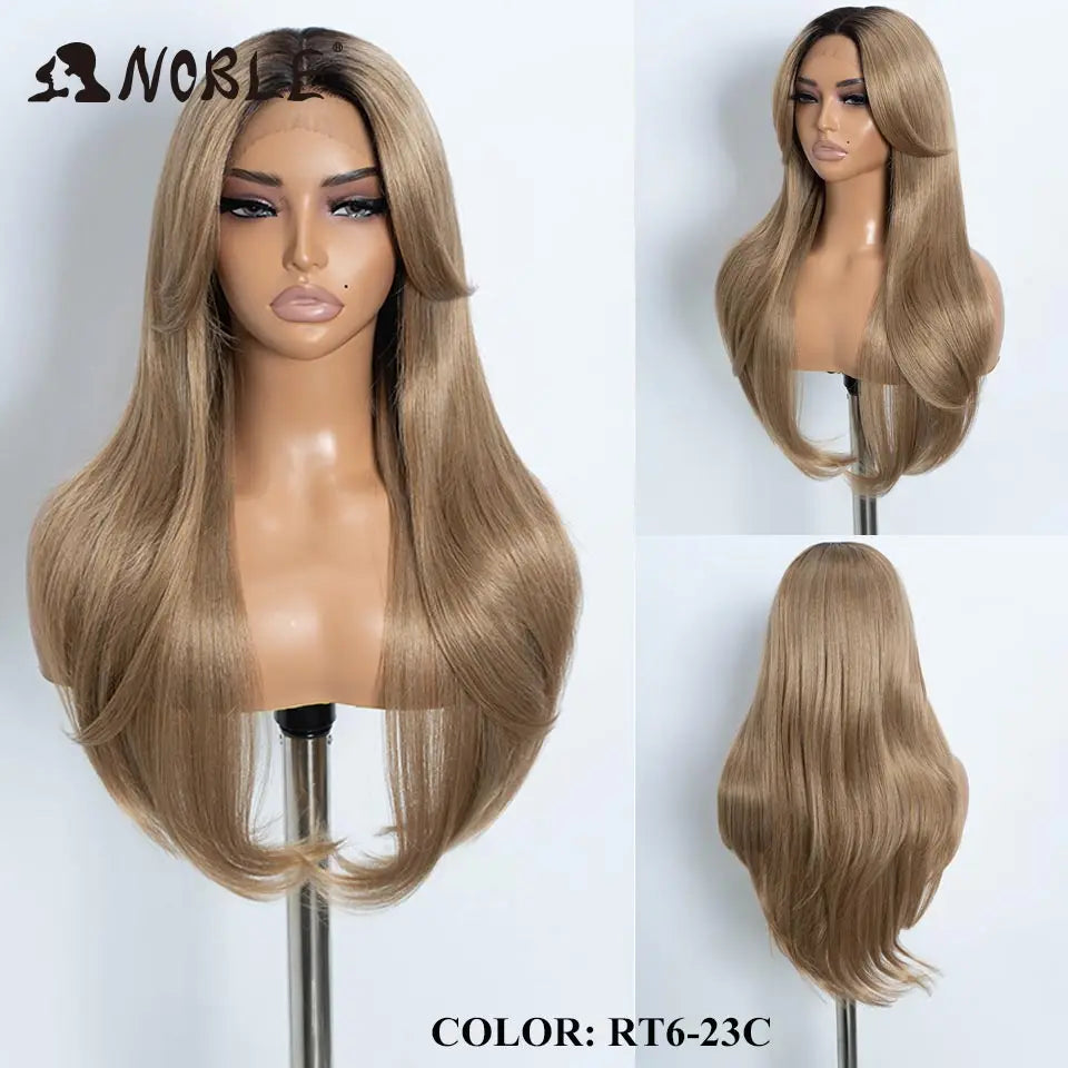 A long, straight ombre lace front wig in a light brown shade displayed on a mannequin.