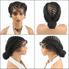 Eine Frau präsentiert eine schwarze, glueless synthetische Cornrow-Zopfperücke in verschiedenen Stilen und Winkeln.