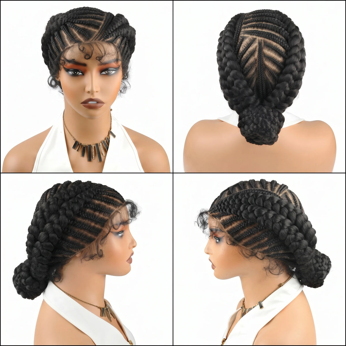Eine Frau präsentiert eine schwarze, glueless synthetische Cornrow-Zopfperücke in verschiedenen Stilen und Winkeln.