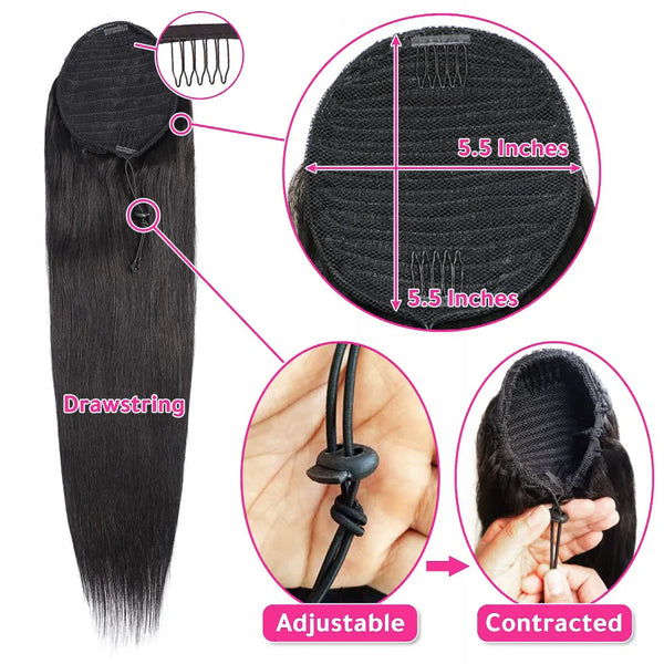 Black drawstring hair extensions shown with a swatch, adjustable feature, and contracted state.