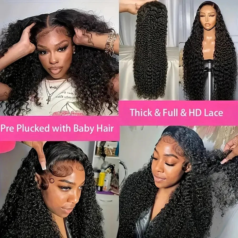 Close-up of thick and full HD lace front human hair wigs in various styles and textures.