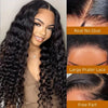 Close-up of long black wavy hair with various lace front options including Real No Glue, Large Prater Lace, and Free Part
