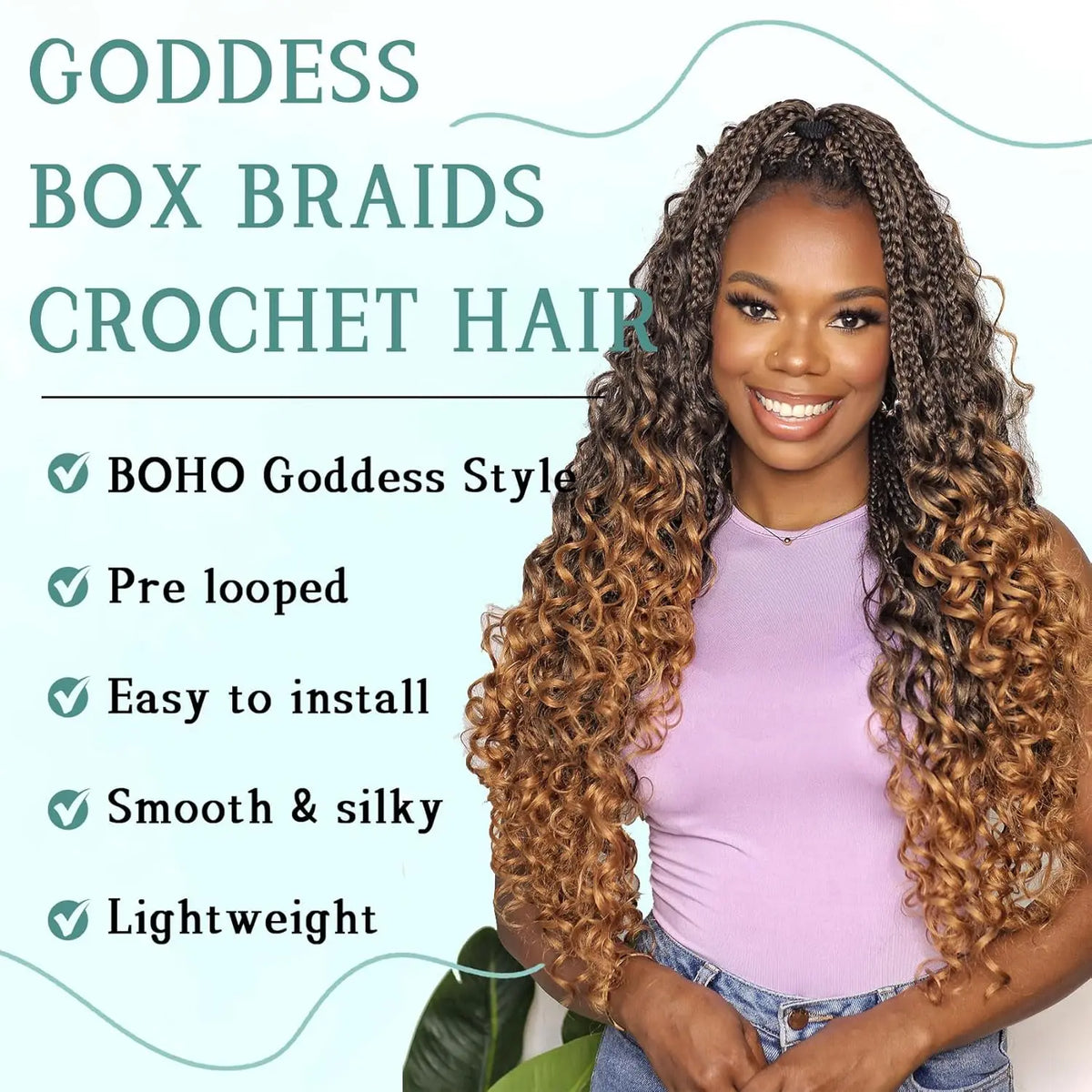 Eine Frau mit Box-Braids als Göttin, geflochtenes Haar in einem lila Oberteil, zeigt den glatten und leichten Stil.