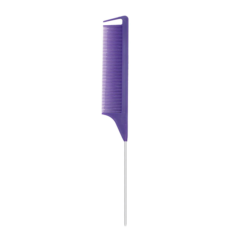 A purple professional pointed tail hair comb and styling brush set.