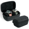 A black leather watch travel case organizer holding two wristwatches.