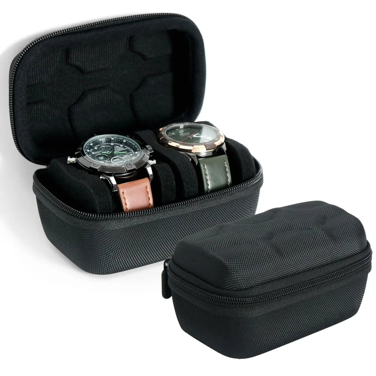 A black leather watch travel case organizer holding two wristwatches.