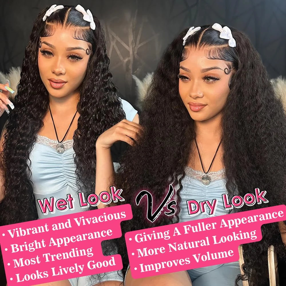 Two models showcase wet and dry looks of deep wave lace front human hair wigs