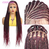 A model displays a 36 inch synthetic heart cornrow braids wig in deep burgundy color.