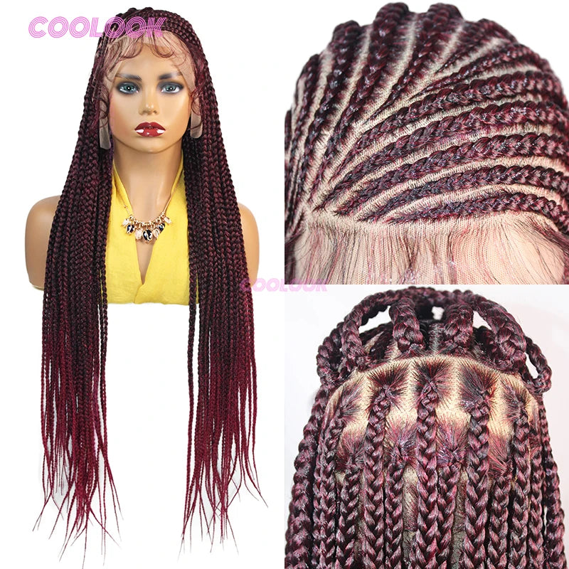 A model displays a 36 inch synthetic heart cornrow braids wig in deep burgundy color.