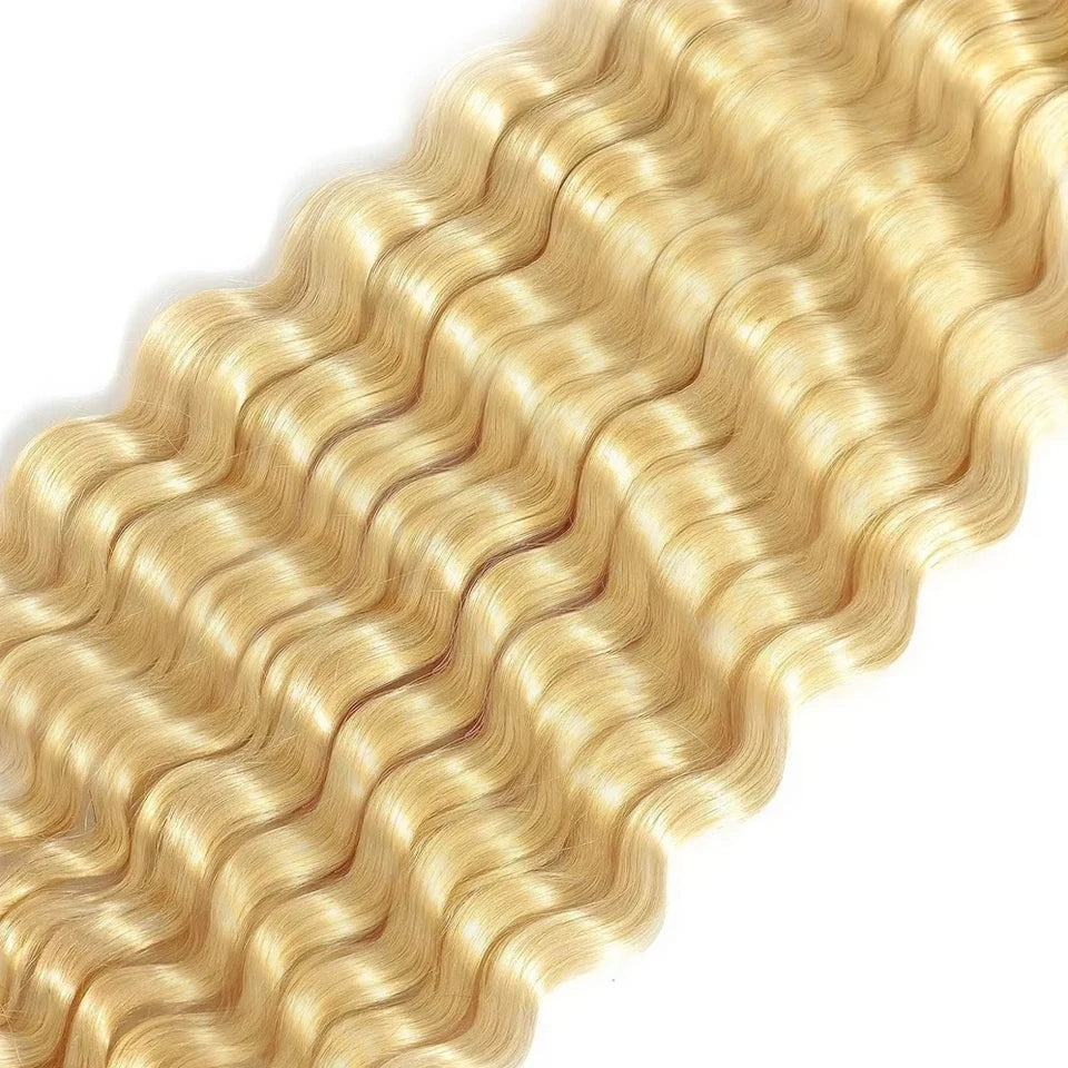 Golden blonde hair braiding extensions shown in a wavy texture and close-up view.