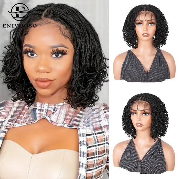 A woman modeling a black double full lace twist box braided wig with a plaid top.