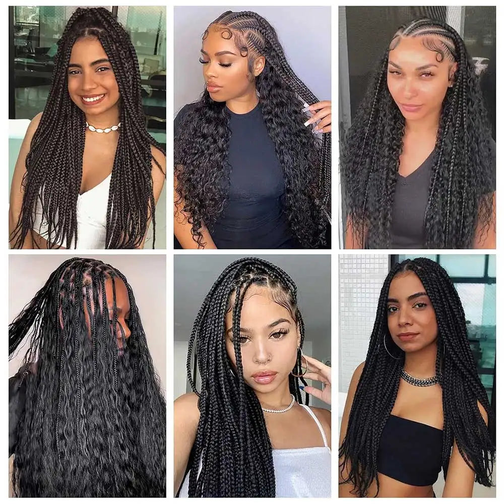 A collage of women showcasing various styles and lengths of black bulk kinky straight human hair extensions for boho braids.