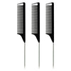 A set of three black professional pointed tail hair combs and styling brushes.