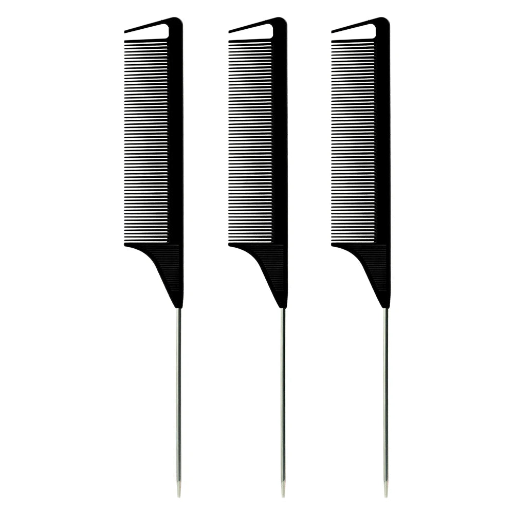 A set of three black professional pointed tail hair combs and styling brushes.