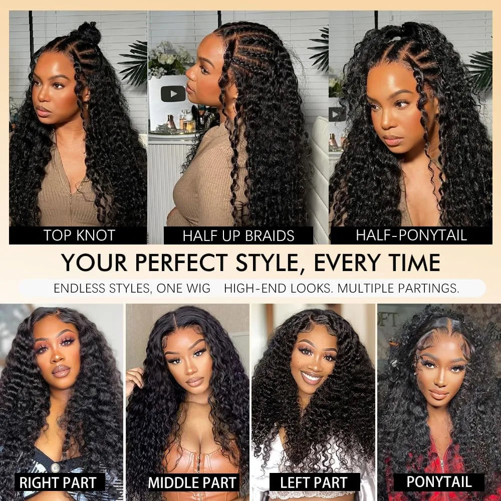 A collage showing various hairstyles for deep wave lace front human hair wigs including knot braids half up braids half ponyt