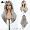A long, straight ombre lace front wig in silver-gray hair displayed on a mannequin head.