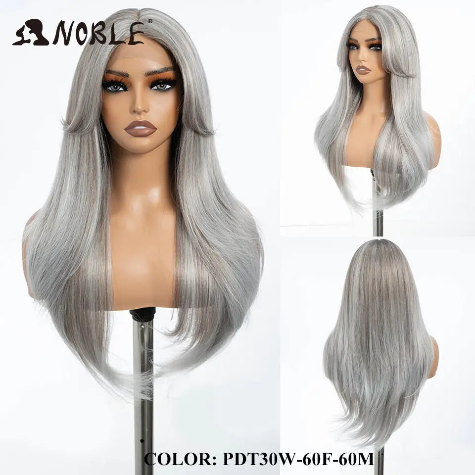 A long, straight ombre lace front wig in silver-gray hair displayed on a mannequin head.
