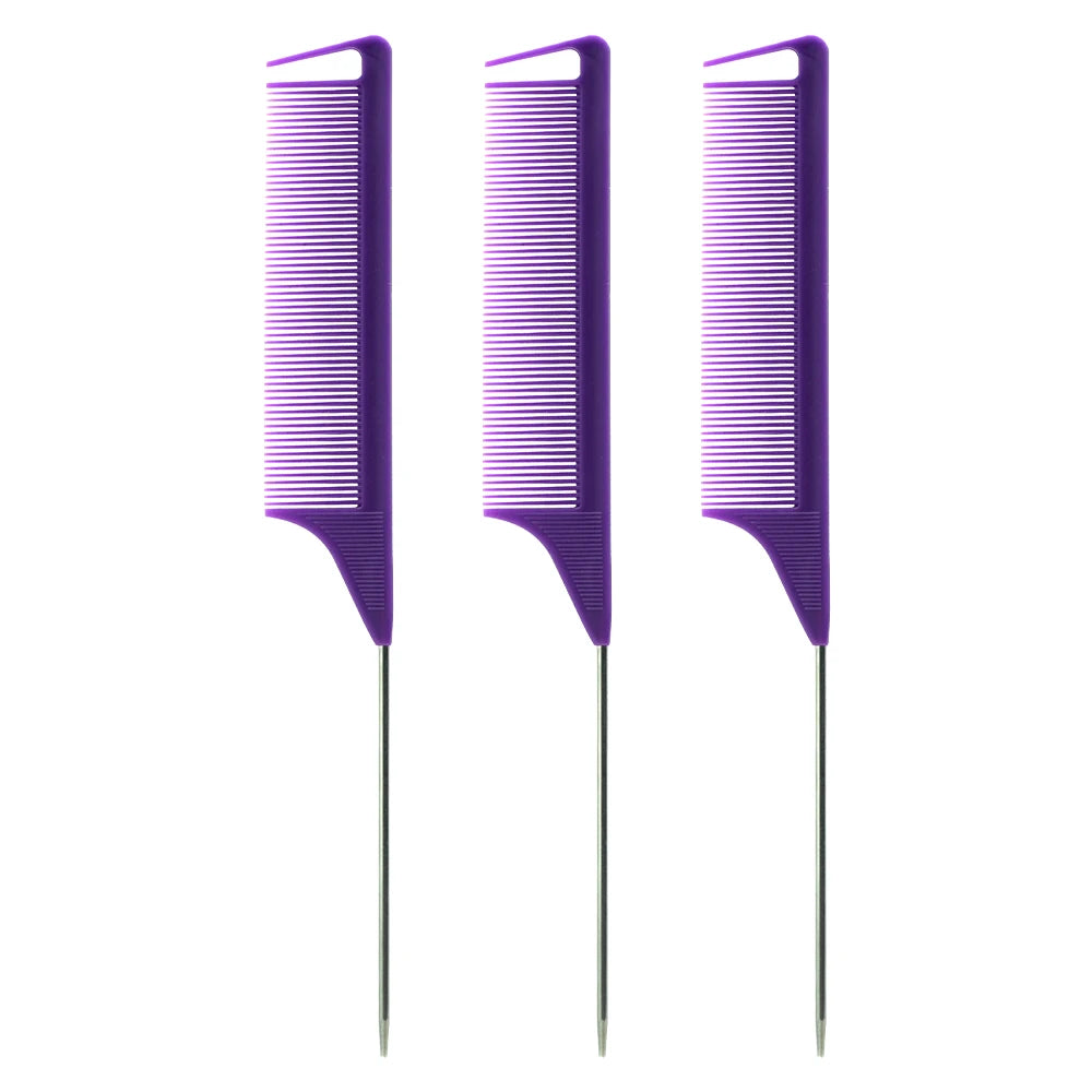 A set of three purple professional pointed tail hair combs and styling brushes.
