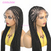 A woman modeling a 36 inch synthetic heart cornrow braids wig with long black hair and gold jewelry.