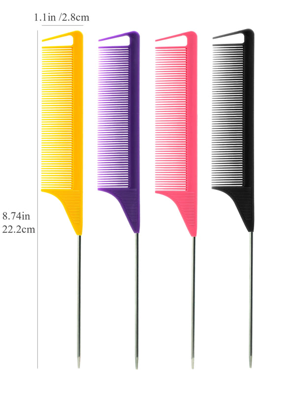 A set of three professional pointed tail hair combs and styling brushes in yellow, purple, and pink.