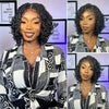 A woman modeling double full lace twist box braided wigs in a black and white patterned shirt.