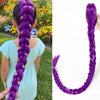 A close-up of vibrant purple braided hair extensions being held by a hand.