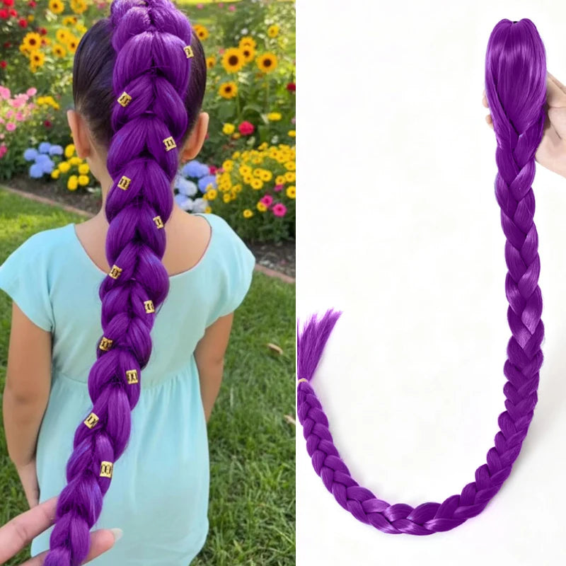 A close-up of vibrant purple braided hair extensions being held by a hand.