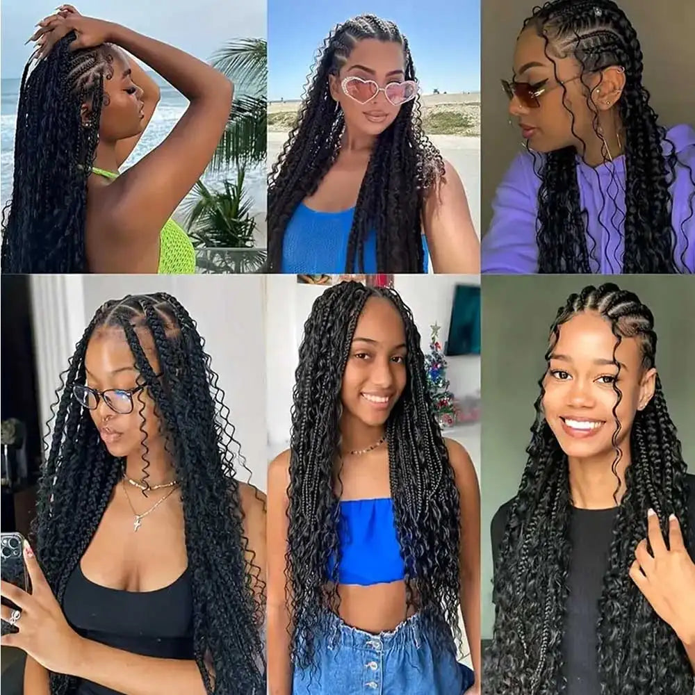 A collage of women showcasing various styles and colors of bulk kinky straight human hair extensions for boho braids.