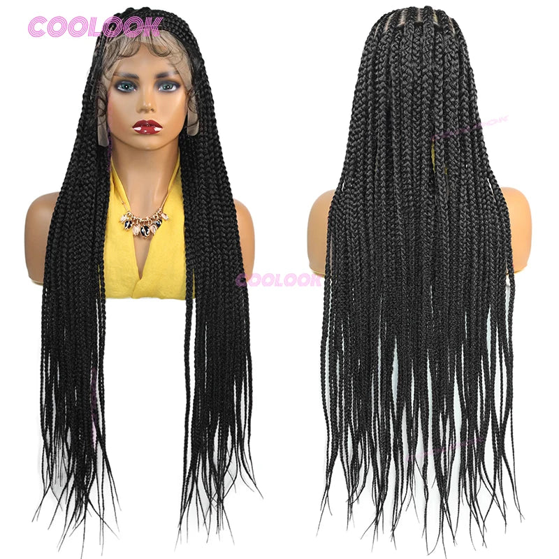 A black 36 inch synthetic heart cornrow braids wig displayed on a mannequin.